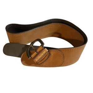 Chicos genuine leather boho Festival Brown/Tan artsy belt gold buckle Medium